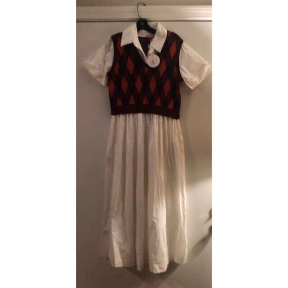 NWT $345 STAUD JACK KNAVE ARGYLE VEST BODICE WHITE COTTON MIDI DRESS SIZE SMALL - Picture 6 of 8